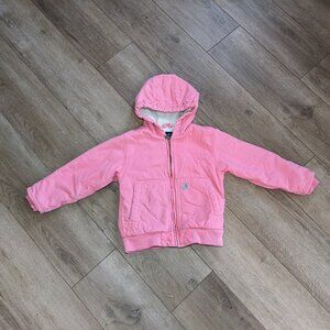 Carhartt Hooded Jacket Girls XS 6 Pink Canvas Sherpa Lined Zip Front Pockets